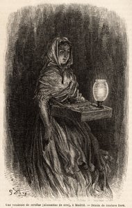 Een verkoopster van waslucifers, schets naar het leven in de Puerta del Sol, in Madrid. Gravure door Gustave Dore (1832-1883) ter illustratie van zijn reis naar Spanje, met Ch. Davillier (redacteur), in 1862, gepubliceerd in 