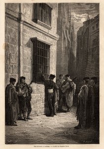 Een serenade in het maanlicht, in de straten van Cordoba, de minnaar, gitaar in de hand, spreekt zachtjes tegen zijn verloofde door een tralieraam, reciteert gedichten of zingt een lied voor haar. Tekening door Gustave Dore (1832-1883). Gravure ter illustr