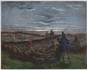 Abraham op weg naar het land Kanaän - Abram vestigde zich in het land Kanaän - gravure in 