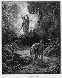 Adam en Eva verdreven uit de Hof van Eden door een engel, Illustratie uit de Dore Bijbel door Gustave Dore