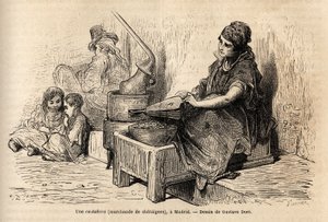 Een kastanjehandelaar in de open lucht, met haar draagbare oven, schets op de levendige in de Puerta del Sol, in Madrid. Gravure door Gustave Doré (1832-1883) ter illustratie van zijn reis naar Spanje, met Ch. Davillier (redacteur), in 1862, gepubliceerd i