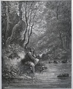 Verschijning van Dorothee in boerenkleding - uit "Don Quichot de la Mancha" door Miguel Cervantes (1547-1616) - Houtsnede naar tekening van Gustave Dore door Gustave Dore