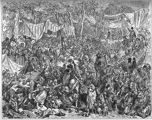 Aankomst van Don Quichot op de bruiloft van Camache - uit "Don Quichot de la Mancha" door Miguel Cervantes (1547-1616) - Houtsnede naar tekening van Gustave Dore door Gustave Dore