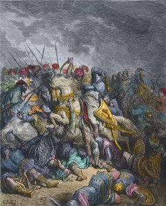 Slag bij Arsur - Richard I Leeuwenhart, koning van Engeland die deelnam aan de 3e Kruistocht - Richard Leeuwenhart in de Slag bij Arsuf, Derde Kruistocht, gravure door Gustave Dore - uit Geschiedenis van de Kruistochten door Joseph-Francois Michaud door Gustave Dore