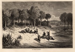 Slag van de sinaasappels door Carcagente, tekening door Gustave Dore, ter illustratie van zijn reis naar Spanje met C.Davillier, in 1862. Gravure in 