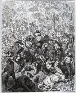 Gevecht met muilezeldrijvers - De Yangois gebruikten hun knuppels - uit "Don Quichot de la Mancha" door Miguel Cervantes (1547-1616) - Houtsnede naar tekening van Gustave Dore