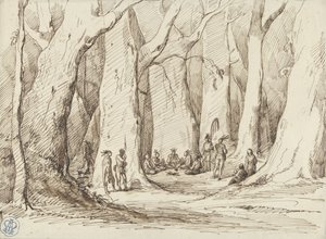 Bijeenkomst van oorspronkelijke Amerikanen in een bos door Gustave Dore
