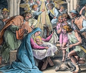 Geboorte van Christus. Bijbelillustratie (ongedateerd) door Gustave Dore (1832 - 1883) in 1866. Beelddatum: circa 1890. Carl Simon Archief