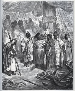 Verhaal van de gevangene. Het hoofd van Pagano Doria afgesneden door de Arabieren - De Arabieren sneden zijn hoofd af en brachten het naar de generaal van de Turkse vloot - uit "Don Quichot de la Mancha" door Miguel Cervantes (1547-1616) - Houtsnede naar t door Gustave Dore