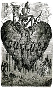 Hoofdstukillustratie door Gustave Doré voor de Drolatic Tales (1855) door Honoré de Balzac (1799-1850): de succubus (vampier) - skelet, dood, hart, bloed door Gustave Dore