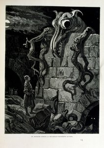 Croque-Mitaine; 1863 illustratie, door Gustave Dore; Franse kunstenaar, graveur, illustrator. Croque-Mitaine (De boeman) een kwaadaardig personage gepresenteerd aan kinderen om hen bang te maken en zo wijzer te maken. door Gustave Dore