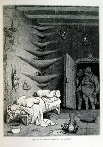 Croque-Mitaine; illustratie uit 1863, door Gustave Doré (1832-1883); Franse kunstenaar, graveur, illustrator. Croque-Mitaine (De boeman) een kwaadaardig personage gepresenteerd aan kinderen om hen bang te maken en zo wijzer te maken.
