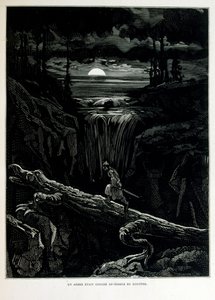 Croque-Mitaine; 1863 illustratie, door Gustave Dore (1832-1883); Franse kunstenaar, graveur, illustrator. Croque-Mitaine (De boeman) een kwaadaardig personage gepresenteerd aan kinderen om hen bang te maken en zo wijzer te maken. door Gustave Dore