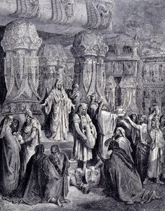Cyrus II de Grote (580 v.Chr. - 530 v.Chr.) bevrijdde de gevangengenomen volkeren bij zijn aankomst in Babylon in 539 v.Chr. en gaf de Joodse mensen de heilige vaten terug die als buit waren meegenomen uit de tempel van Jeruzalem. Gravure door Gustave Doré door Gustave Dore