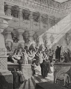 Daniel Interpreteert het Schrift aan de Muur, Daniel 5:25-28, illustratie uit Dore