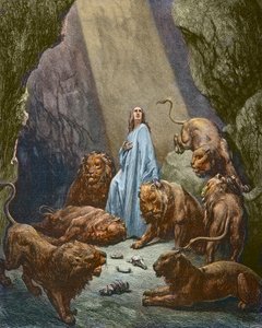 Daniel wordt in de leeuwenkuil gegooid - Daniel in de leeuwenkuil - gravure door Gustave Doré - later ingekleurd door Gustave Dore