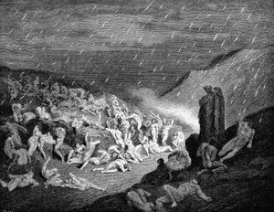 Dante en Virgil kijken neer op zielen in kwelling in de hel