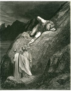 Dante en Vergilius ontmoeten de Minotaurus. Gravure uit De Hel van Dante Alighieri (de Goddelijke Komedie) geïllustreerd door Gustave Doré. Franse editie van 1861.