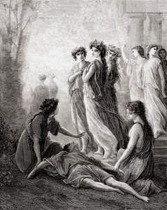 Daphnis en Alcimadure, uit een late 19e-eeuwse editie van Fables de La Fontaine (houtsnede)