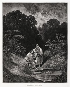 David en Jonathan, heldenfiguren van het Koninkrijk Israël, die een vriendschapsverbond sloten zoals opgetekend in de boeken van Samuel, Illustratie uit de Dore Bijbel door Gustave Dore