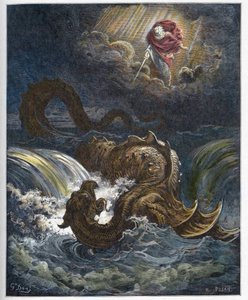 Vernietiging van Leviathan - De vernietiging van de Leviathan, het zeemonster uit het Oude Testament - gravure in 
