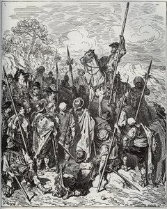 Don Quijote en Sancho met het eskadron van de balkende dorpelingen - uit 