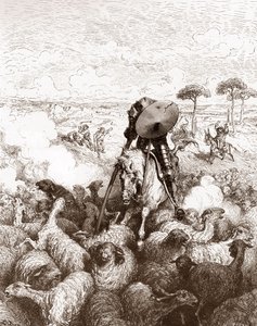 Don Quichot valt de kudde schapen aan. Gravure door Gustave Doré voor 
