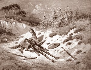 Don Quichot na zijn afranseling, Quichot roept om zijn ideale dame Dulcinea del Toboso. Gravure door Gustave Doré voor 