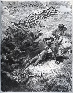 Don Quichot in de grot van Montesinos - Een oneindig aantal kraaien en roeken vliegen uit de grot van Montesinos en slaan Don Quichot tegen de grond (II, 22) - uit 