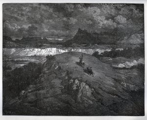 Don Quichot en Sancho Panza vervolgen hun avonturen in een bergachtig gebied, Sierra Morena - uit "Don Quichot de la Mancha" door Miguel Cervantes (1547-1616) - Houtsnede naar tekening van Gustave Dore