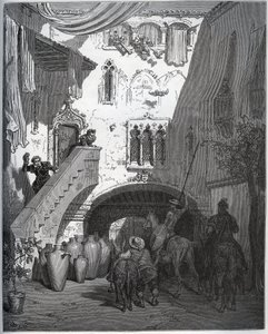 Don Quichot en Sancho Panza, uitgenodigd door Don Diego de Miranda thuis, worden verwelkomd door de vrouw en zoon van de heer - uit "Don Quichot de la Mancha" door Miguel Cervantes (1547-1616) - Houtsnede naar tekening van Gustave Dore door Gustave Dore