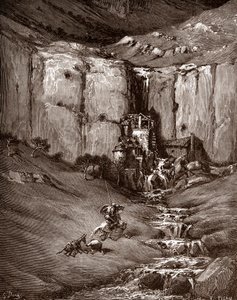 Don Quichot en Sancho Panza zien een waterval en lawaaierige hutten Gravure door Gustave Doré voor 