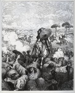 Don Quichot valt een kudde schapen aan, denkend dat hij te maken heeft met het leger van Alibanfaron van Taprobana - uit 