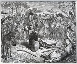 Don Quichot verslagen in het midden van een groep kooplieden - De muilezelmaker had de smaak van het spel te pakken - uit "Don Quichot van La Mancha" van Miguel Cervantes door Gustave Dore