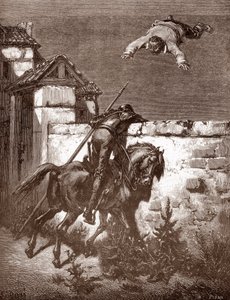 Don Quichot faalt om de lanceringen van Sancho Panza te stoppen die hem op een deken laten stuiteren (gravure door Gustave Doré voor 