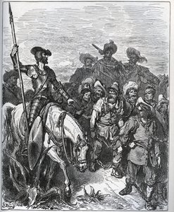 Don Quichot ondervraagt de krachten over de redenen voor hun veroordelingen - uit 