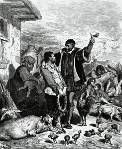 Don Quichot neemt Sancho Panza mee van zijn huis en benoemt hem tot gouverneur, illustratie door Gustave Doré (1832-1883) voor de editie van 1880 van Don Quichot door Miguel de Cervantes Saavedra (1547-1616)