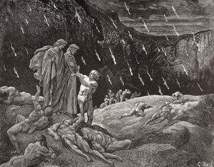 Gravure door Gustave Dore 1832-1883 Franse kunstenaar en illustrator voor Inferno door Dante Alighieri Canto XV regels 28 en 29 door Gustave Dore