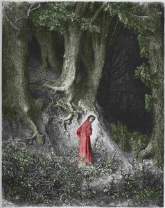 Eerste lied van de hel: de dichter Dante bevindt zich in een bos. Illustratie door Gustave Doré door Gustave Dore
