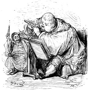 Gargantua opvoeding: de jonge heer leert fluit spelen met zijn muziekleraar. Gravure door Gustave Dore ter illustratie van het werk van Rabelais.