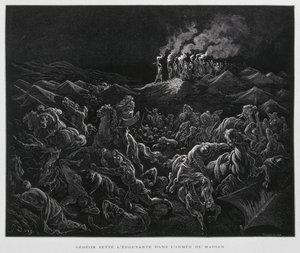 Gideon valt de Midianieten aan in de nacht, Illustratie uit de Dore Bijbel door Gustave Dore