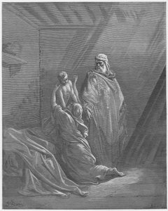 Gustave Dore Bijbel: Elia wekt de zoon van de weduwe van Zarefat op