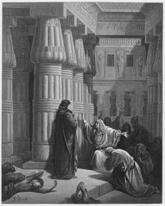 Gustave Dore Bijbel: De Egyptenaren dringen er bij Mozes op aan te vertrekken