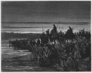 Gustave Dore Bijbel: De kinderen van Israël steken de Jordaan over
