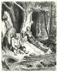 Een heldere fontein, die Don Quichot en Sancho tussen enkele groene bomen vonden, diende om hen te verfrissen (gravure) door Gustave Dore