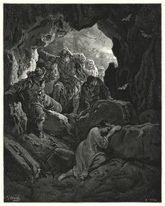 Don Quichot van Gustave Doré: "Een groep met officieren wordt uitgezonden ... die de arme verliefde Leandra in een grot van een van de bergen vinden"