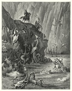 Een groot meer van kokende pek, waarin een oneindige menigte van woeste en verschrikkelijke wezens heen en weer trekken (gravure)