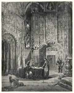 Een andere jonkvrouw komt de kamer binnen en begint hem te vertellen welk kasteel dat is en hoe zij erin betoverd is (gravure) door Gustave Dore