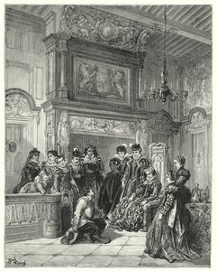 Op verzoek van de hertogin vertelde hij het hele verhaal van de recente vermeende betovering zeer getrouw (gravure)