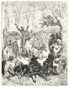 Don Quichot, gezeten op Rozinante, declameert zeer uitvoerig tegen hun manier van leven door Gustave Dore